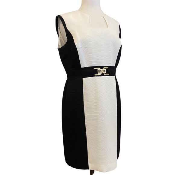 Tahari-Levine Studio Petite Black & White block Sleeveless Dress With Belt Waist - Picture 1 of 11